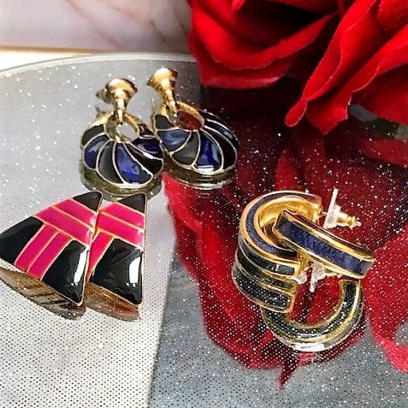 Vintage 70-80's triangular enamel earrings - Picture 1 of 6